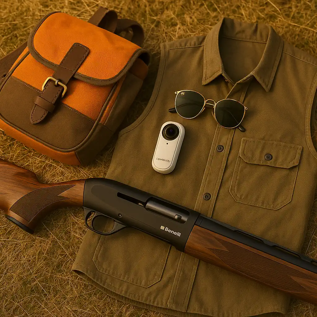 Shotgun, hunting vest, camera and sunglasses laid on the grass