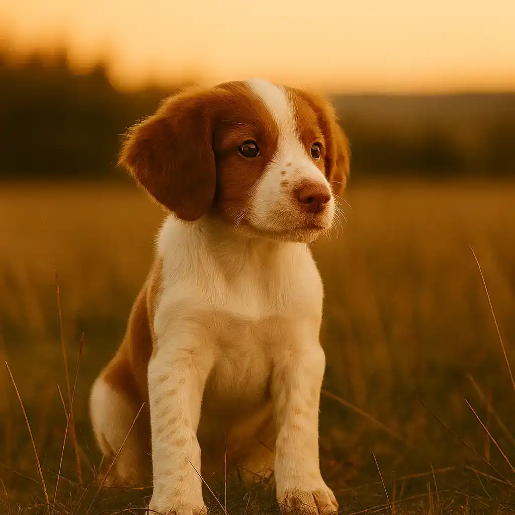 Young bird dog puppy beside trainer