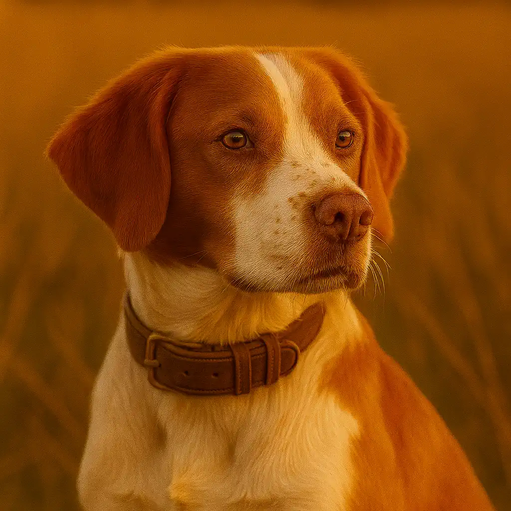 Mature Brittany working a field with handler in background