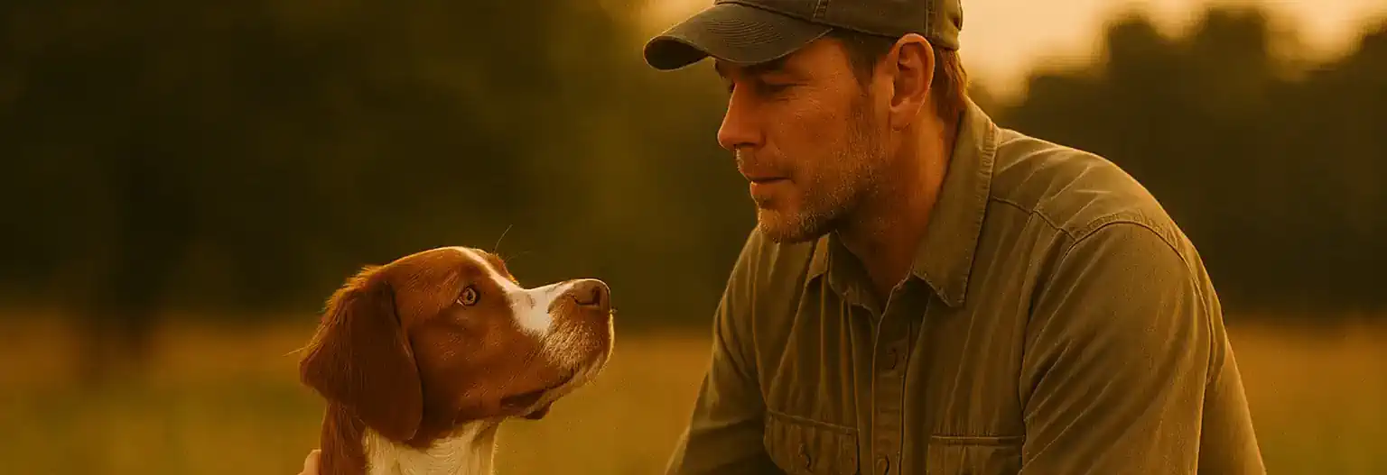 Trainer kneeling beside a Brittany during training