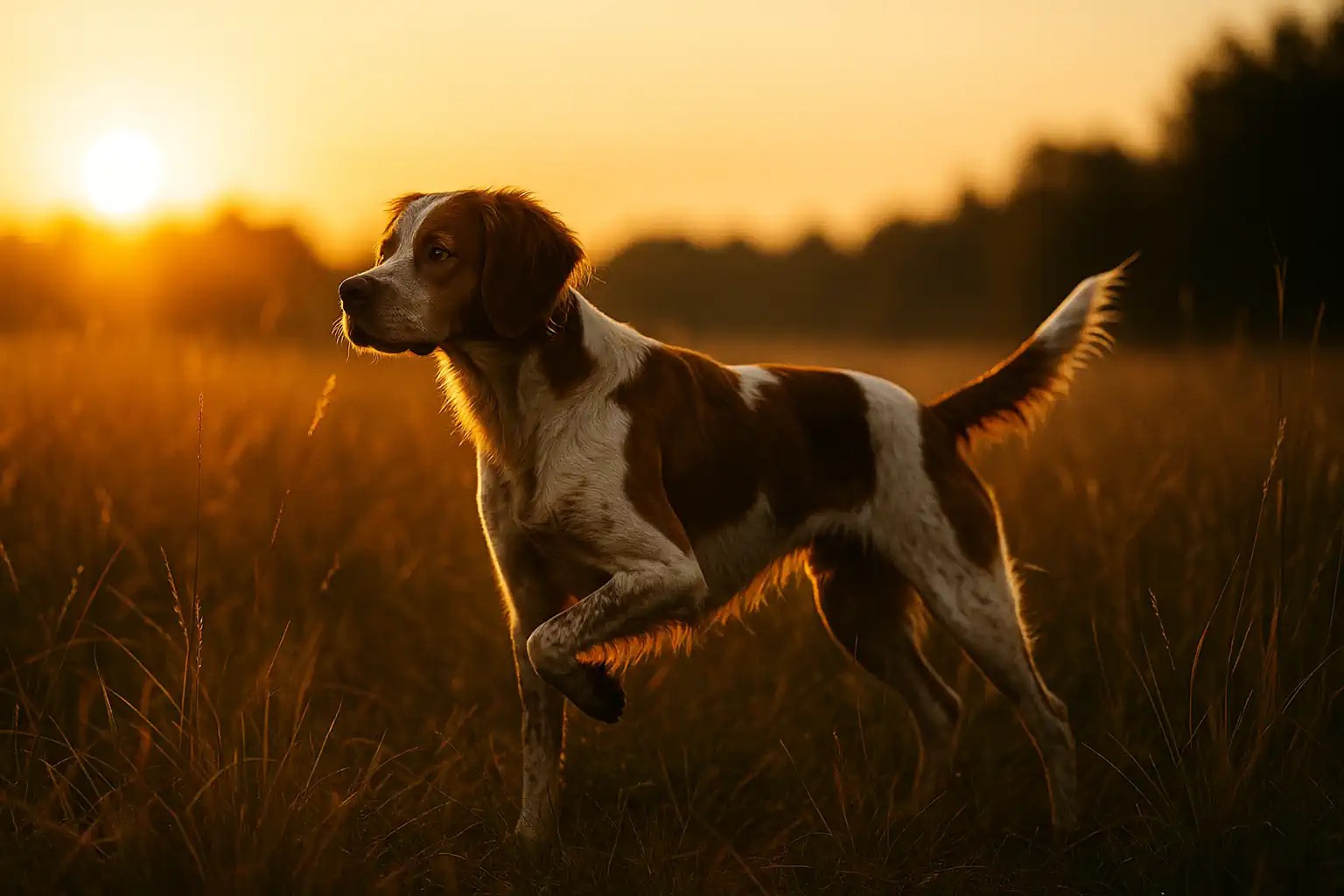 Brittany pointing in a golden field during training